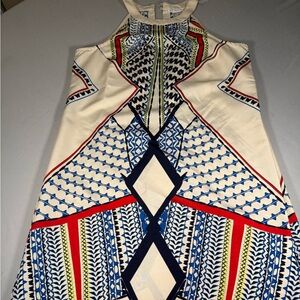 Venus Tribal Print Shift Dress Small Blue Red Cream Geometric‎ Boho
